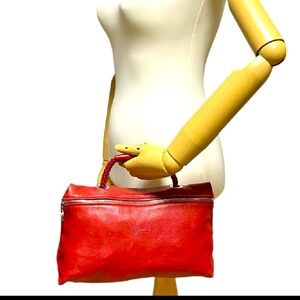 Longchamp Le Pliage Cuir Top Handle Pouch – Red Leather – Authentic